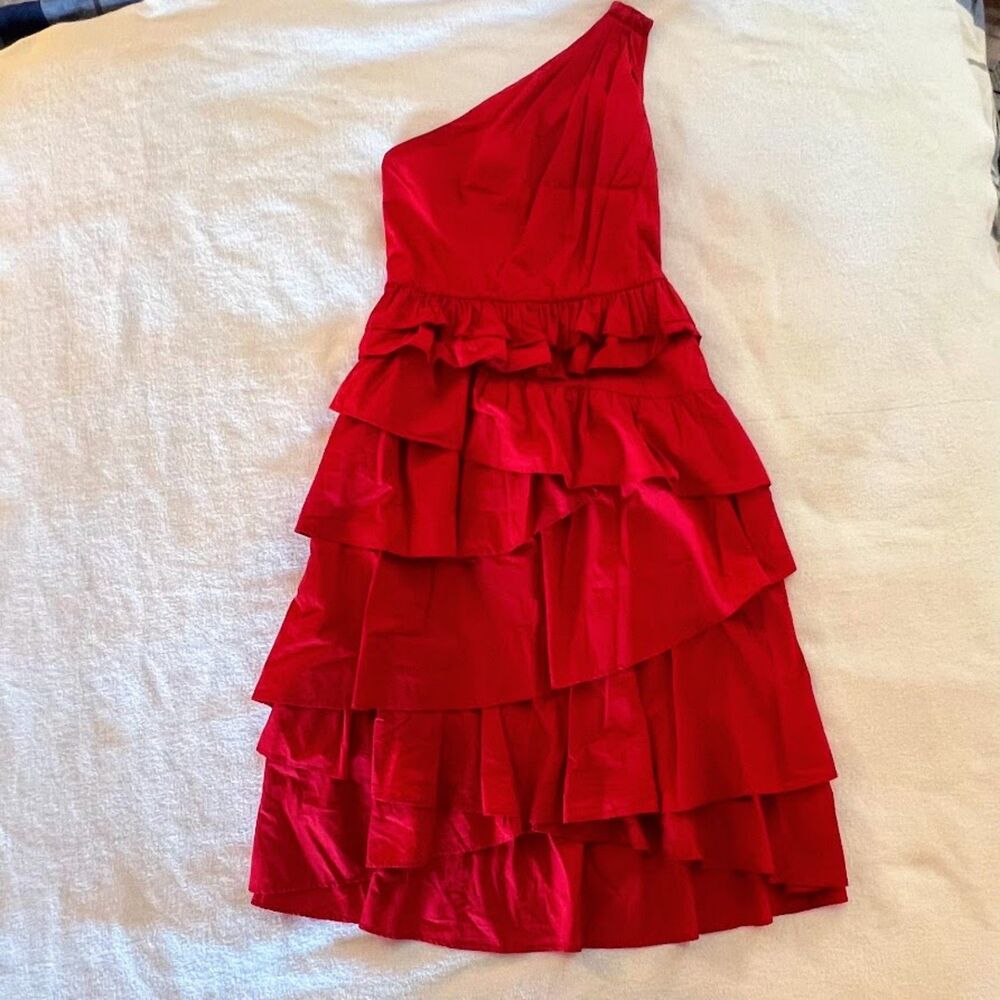 By Anthropologie One-Shoulder Tiered Dress Maximalist Red Hot Aesthetic Size 4